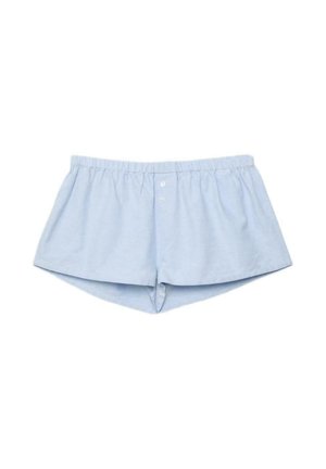 Light blue cotton boxer shorts with elastic waistband and two white buttons on front, laid flat against white background.
