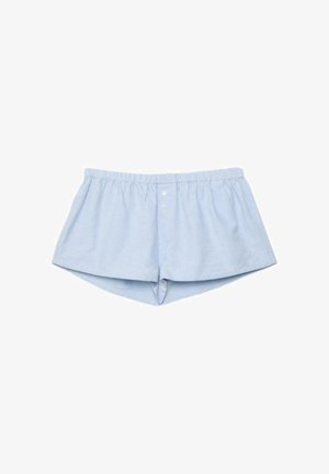 Light blue cotton boxer shorts with elastic waistband and two white buttons on front, laid flat against white background.