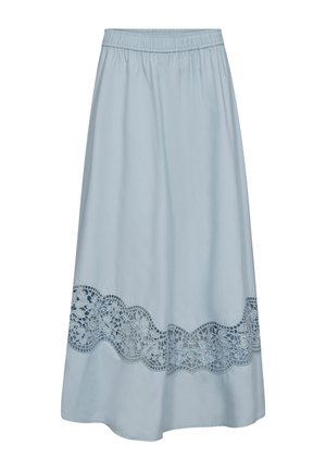 Fustă midi bleu deschis cu talie elastică și dantelă florală în jurul tivului inferior.