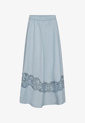 Fustă midi bleu deschis cu talie elastică și dantelă florală în jurul tivului inferior.