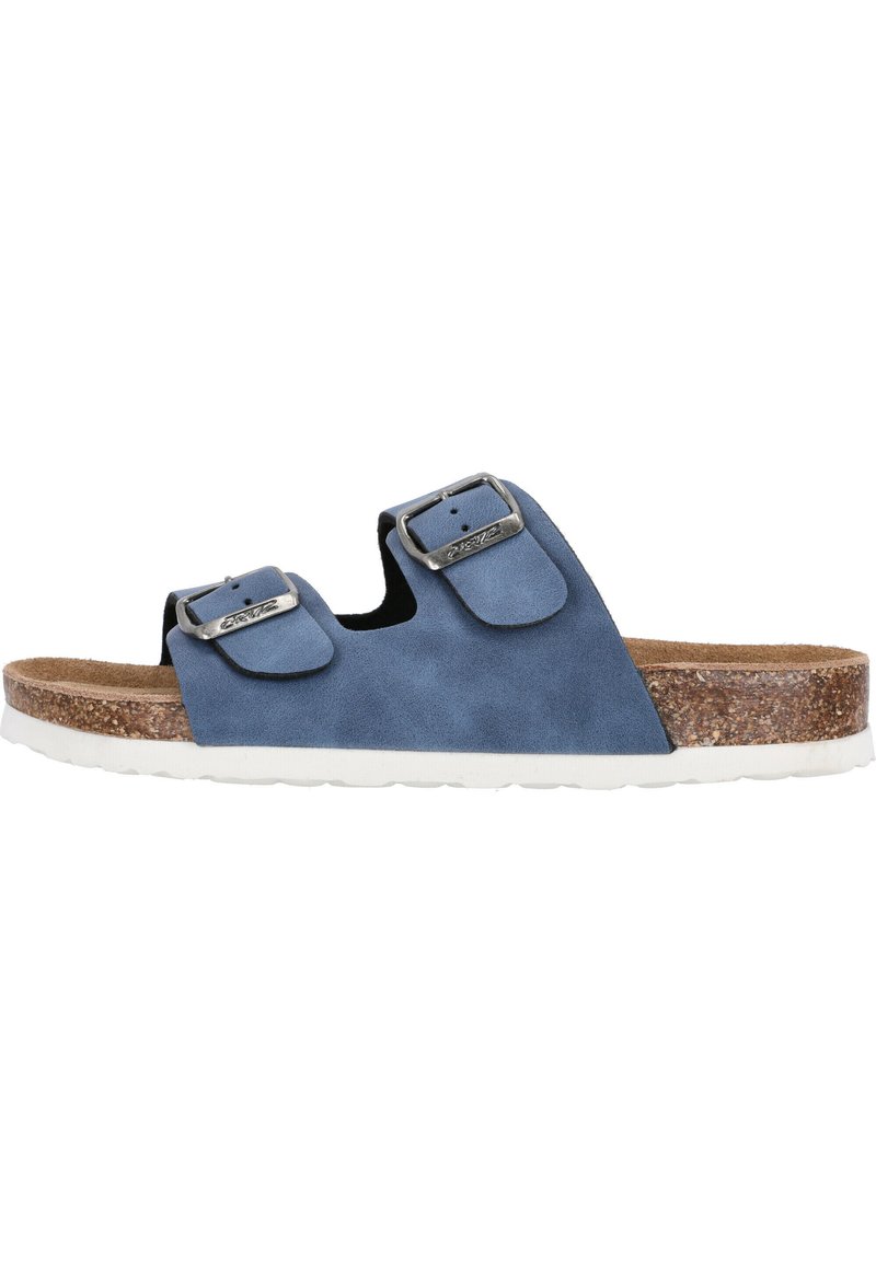 Blaue Wildleder-Sandalen mit zwei verstellbaren Riemen und metallischen Schnallen, einem konturierten Korkfußbett und einer weißen Gummisohle.