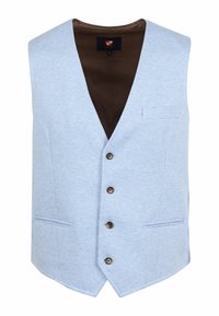 Helle blaue, strukturierte Weste mit V-Ausschnitt, fünf braunen Knöpfen und einem braunen Innenfutter. Verfügt über zwei Fronttaschen und eine kleine Brusttasche.