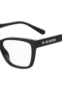 Occhiali neri in plastica con montatura rettangolare e lenti trasparenti. "LOVE MOSCHINO" è inciso in oro sulla stanghetta.