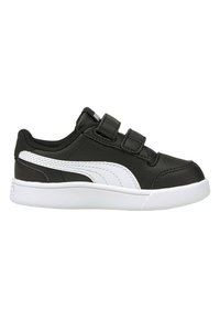 Chaussures de sport noir et blanc avec une tige en cuir lisse, deux bandes auto-agrippantes et une semelle en caoutchouc texturé. Design à bout arrondi.