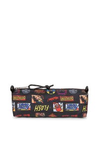Pencil case made of black fabric featuring colorful comic book character graphics and text, with a drawstring closure and flat rectangular shape.