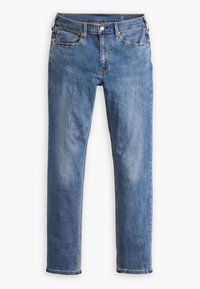 Jean droit en denim bleu avec poches avant, passants de ceinture et fermeture par bouton sur fond blanc.