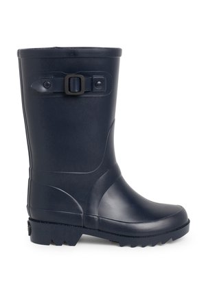 Botte de pluie en caoutchouc marine avec un bout rond, une surface texturée, une sangle ajustable à boucle et une semelle épaisse à crans pour une meilleure traction.