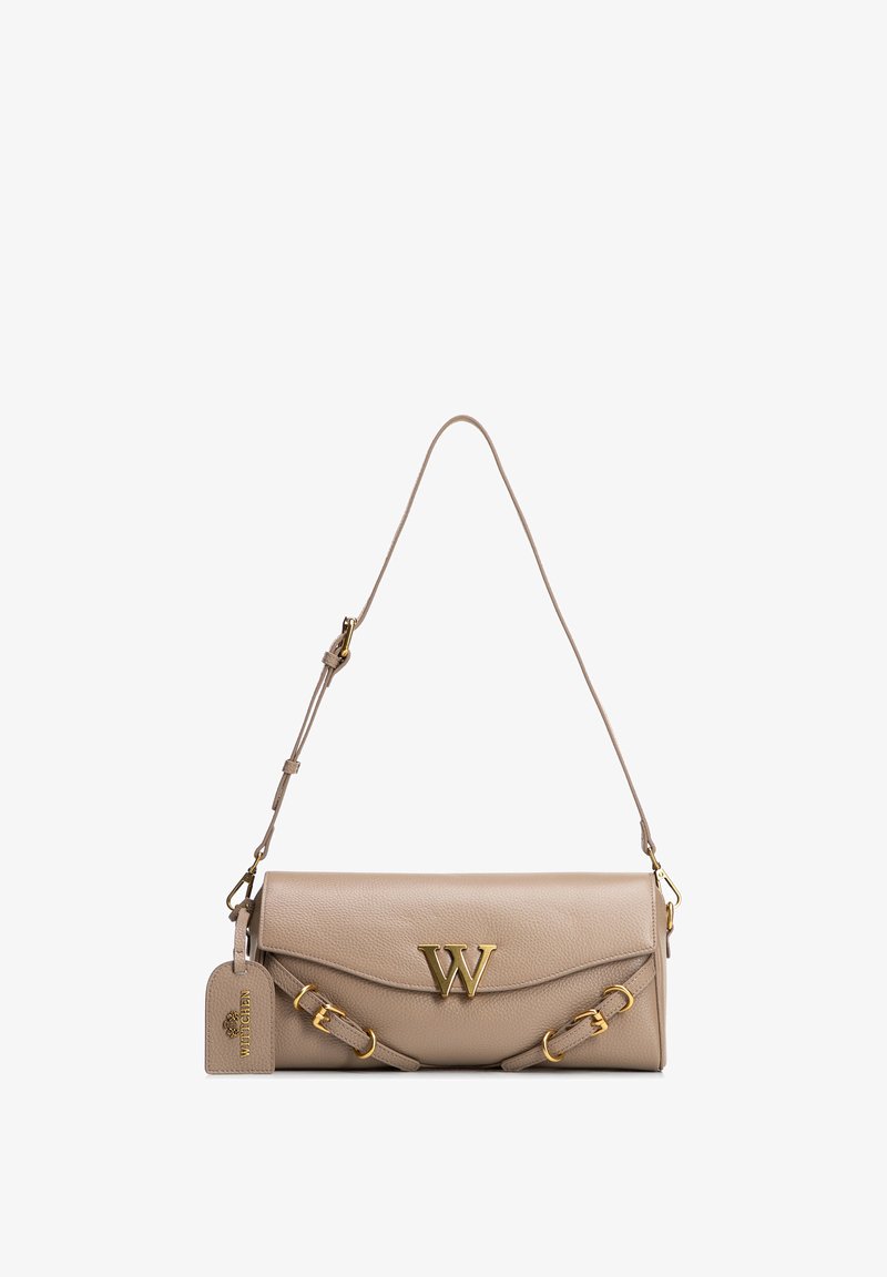 Beige leather shoulder bag with gold "W" logo, adjustable strap, two front buckle details, and branded leather tag hanging on the side.
