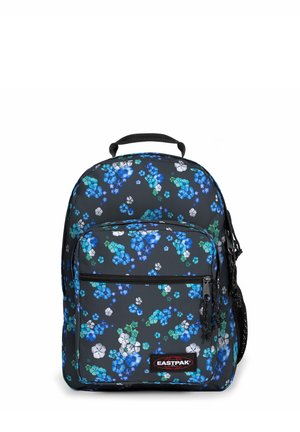Compacte zwarte rugzak met blauw, turquoise en wit bloemenpatroon, voorvak met ritssluiting, gaas-zijvak en bovenhandvat.