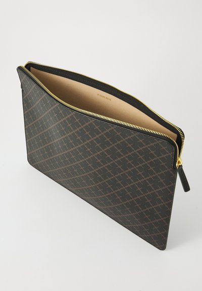 Black patterned zippered pouch with a smooth texture, featuring a gold zipper and a beige inner lining. Rectangle shape for storage.