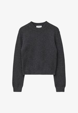 Dark gray knitted long-sleeve sweater with ribbed crew neck, cuffs, and hem, featuring a slightly cropped fit.