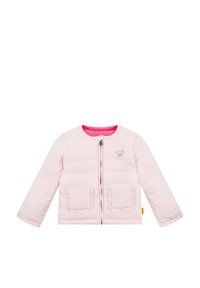 Helle rosa gesteppte Jacke mit langen Ärmeln, Reißverschluss, Rundhalsausschnitt, zwei Fronttaschen und einem Bärenlogo auf der Brust. Innen mit rosa gefüttert.