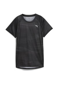 Must musta sportlik T-särk, millel on sile tekstuur, lühikesed varrukad ja diskreetne laine muster. Rinnal on väike valge Puma logo.