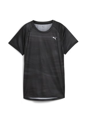 Camiseta atlética negra de textura suave, de mangas cortas y con un sutil patrón de ondulación. Presenta un pequeño logo blanco de Puma en el pecho.