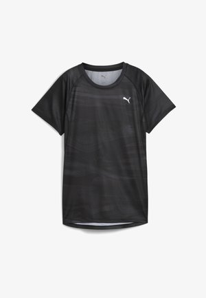 Melns sporta T-krekls ar gludu tekstūru, īsām piedurknēm un smalku viļņu rakstu. Uz krūtīm ir mazs balts Puma logs.