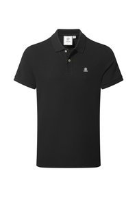 Black polo shirt made of cotton, featuring a classic design, short sleeves, a three-button placket, and a small embroidered logo on the chest.
