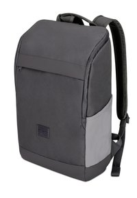Sac à dos gris avec un design rectangulaire, en matériau textile, une poche zippée à l'avant, une poche en mesh sur le côté et des bretelles rembourrées.
