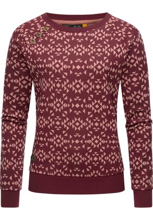 Maroon patterned sweatshirt with geometric designs in pale pink. Features a crew neckline and three decorative buttons on the left shoulder.