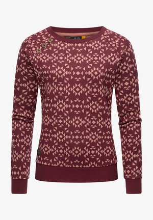 Maroonská mikina s geometrickými vzory v jemně růžové barvě. Disponuje kulatým výstřihem a třemi ozdobnými knoflíky na levém rameni.