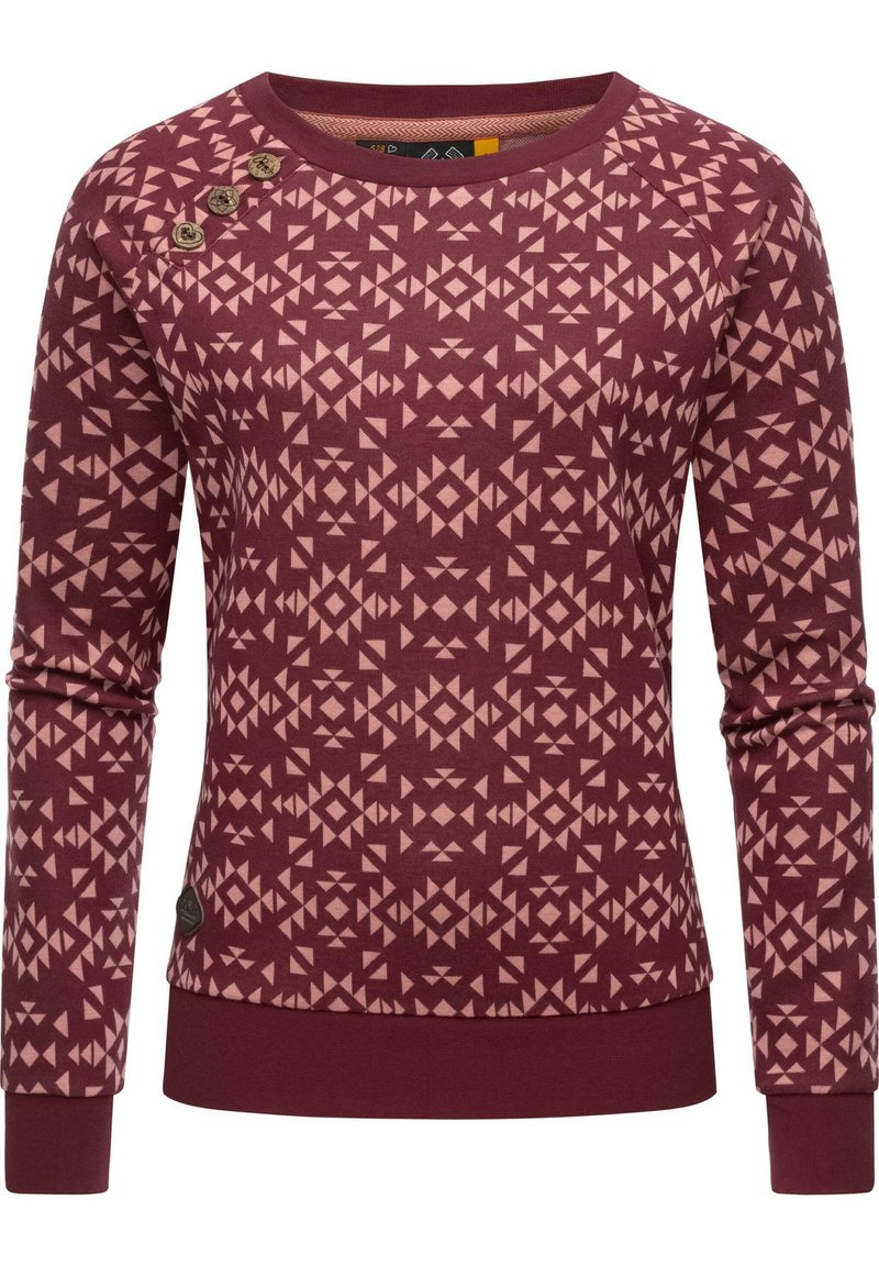 Felpa bordeaux con motivi geometrici in rosa pallido. Presenta un collo a giro e tre bottoni decorativi sulla spalla sinistra.