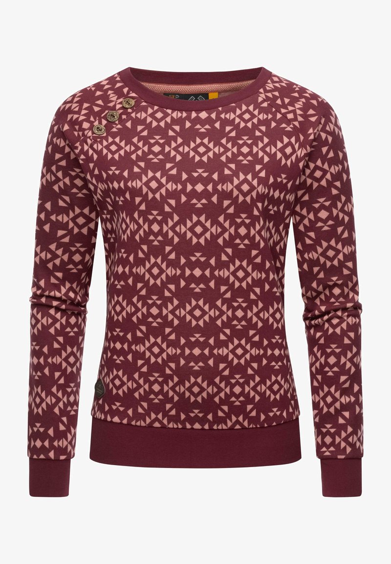 Felpa bordeaux con motivi geometrici in rosa pallido. Presenta un collo a giro e tre bottoni decorativi sulla spalla sinistra.