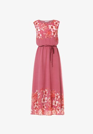Maxikleid aus weichem pinkfarbenem Stoff, mit Blumenmustern in Rot und Weiß am Saum, ärmelloses Design und einem Kordelzug in der Taille.
