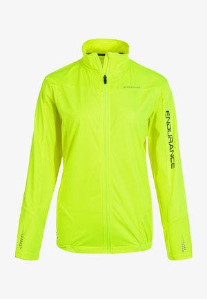 Fluorescerende gul letvægtsjakke med lynlås foran, lange ærmer og "ENDURANCE" branding på højre ærme og øverste venstre bryst.