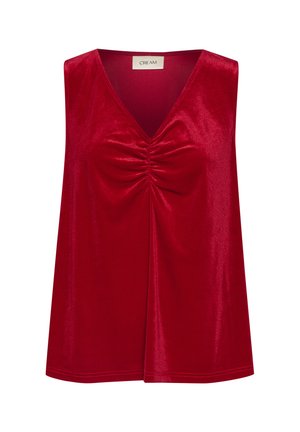 Red sleeveless top with a V-neck and gathered detail at the center, made from a shiny, smooth fabric. Regular fit with a flowing silhouette.