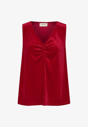 Punane ilma varrukatoppi V-kaelusega ja keskel kokku korjatud detailiga, valmistatud läikivast ja siledast kangast. Tavaline lõige ja voolav siluett.