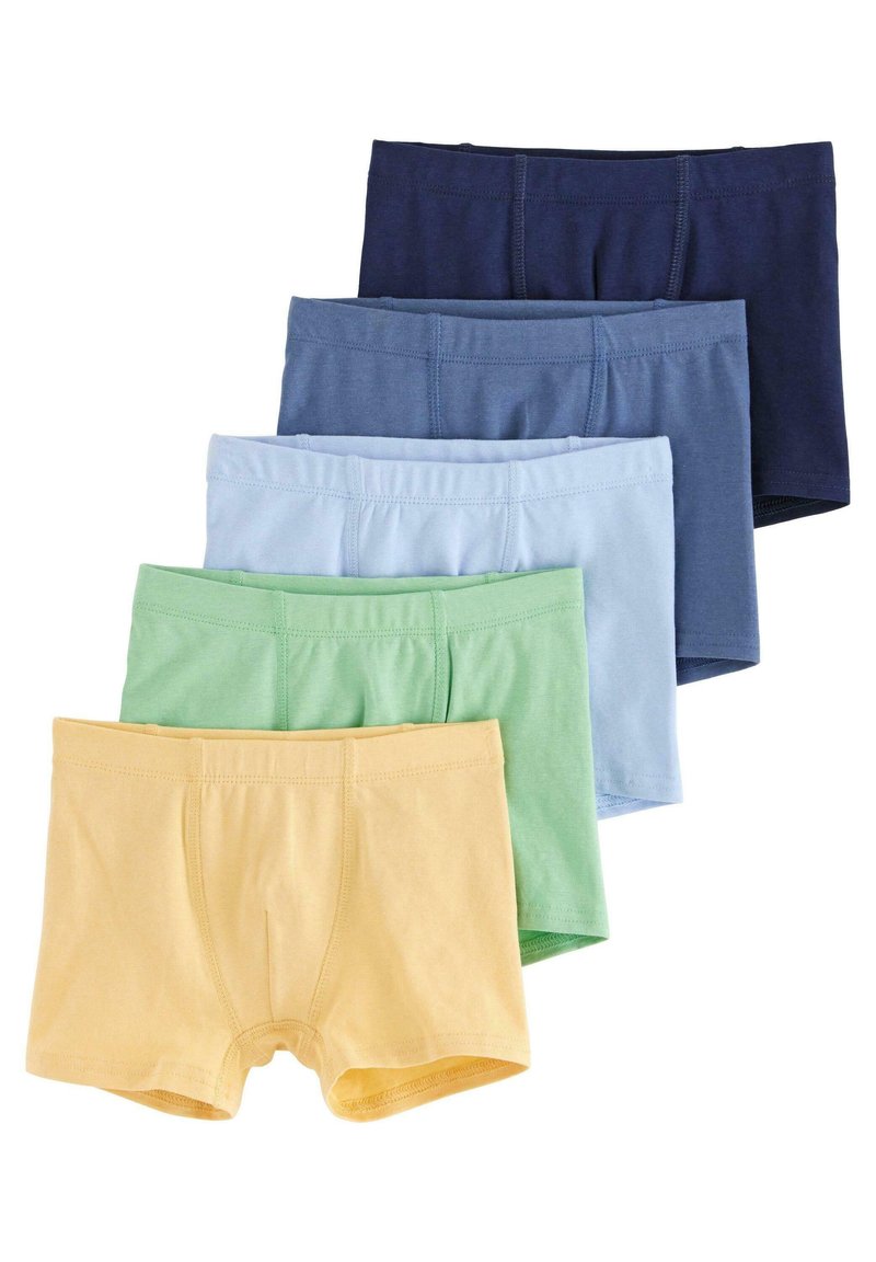 Cinque paia di pantaloni corti di cotone in navy, blu scuro, blu chiaro, verde e giallo, con elastico in vita e cuciture piatte.