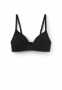 Zwarte bh met een gladde textuur, driehoekige cups, verstelbare bandjes en een subtiele sluiting aan de voorkant. Ontworpen voor comfort en ondersteuning.