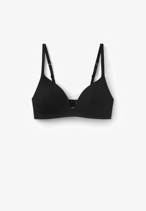Sujetador negro con una textura suave, copas triangulares, tirantes ajustables y un cierre frontal sutil. Diseñado para comodidad y soporte.