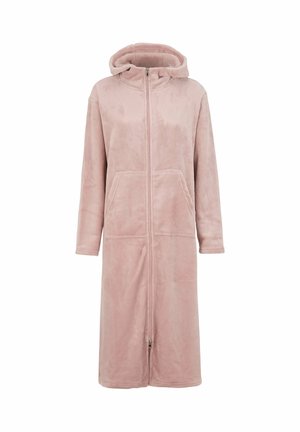 Hooded, knöchellange Robe aus weichem Plüschstoff in zartrosa Farbe, mit einem Reißverschluss vorne und zwei Seitentaschen. Glatte Textur, lockerer Schnitt.