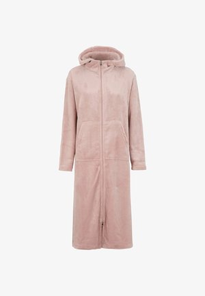 Huppu, täyspitkä viitta pehmeästä plyysikankaasta, vaaleanpunainen väri, jossa on etuvetoketju ja kaksi sivutaskua. Sujuva pinta, rento istuvuus.