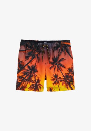 Shorts de bain avec une ceinture élastique noire et un cordon de serrage ; couleurs dégradées de coucher de soleil avec imprimé de palmiers ; matière légère et à séchage rapide.
