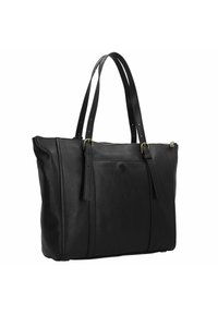 Borsa tote nera in pelle con lunghe tracolle, chiusura con zip e texture liscia. Presenta una tasca frontale e un design minimalista.