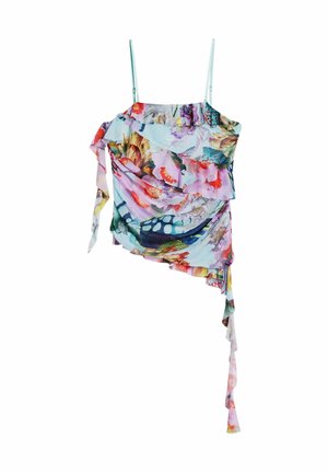 Bluse mit Blumenmuster und Rüschendesign, aus weichem Stoff, mit verstellbaren Spaghetti-Trägern und einem fließenden Schnitt mit asymmetrischem Saum.