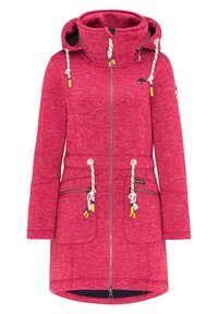 Red heathered jacket with a high collar, drawstring hood, two zipper pockets, and white toggles with yellow accents. Smooth texture.