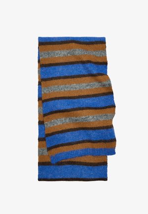 Szal w paski w kolorach niebieskim, brązowym, szarym i czarnym. Miękka dzianina o naprzemiennych, wyrazistych pasach. Prostokątny kształt, lekko złożony.