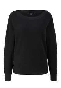 Pull noir à manches longues avec un large décolleté bateau, poignets côtelés et texture lisse. Coupe classique, sans motifs visibles ni éléments métalliques.