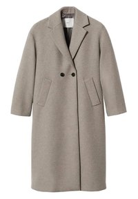 Long manteau en laine taupe avec revers à crans, deux boutons noirs et deux poches avant inclinées, présenté sur un fond blanc.