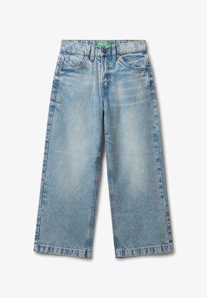 Jeans a gamba larga blu chiaro realizzati in denim, con una finitura sbiadita, cinque tasche e chiusura con bottone in vita.