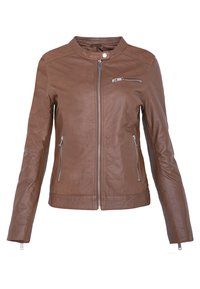 Bruine leren jas met een ritssluiting aan de voorkant, hoge kraag en twee zijritsen. Gladde textuur met een aansluitende silhouette.
