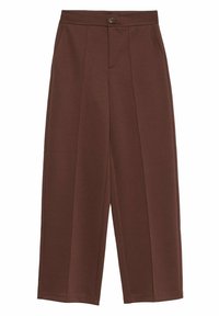 Bruine wijde broek van gestructureerde stof, met een sluiting aan de voorkant met knoop, twee zijzakken en net gestreken plooien.