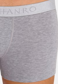Boxers en coton gris avec une ceinture élastique douce portant la marque "HANRO", texture lisse et design classique ajusté.