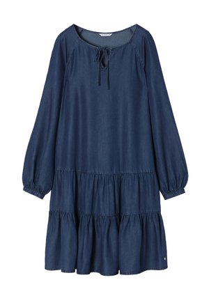 Robe en denim bleu marine avec un col rond, un lien à tirage, de longues manches bouffantes et des volants tiered à l'ourlet. Texture douce, coupe décontractée.