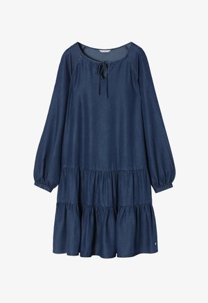 Tumedat sinine denimkleit ümmarguse kaelusega, tõmbluku ja paeltega, pikkade puffvarrukatega ning kihiliste pitsiliste äärtega. Pehme tekstuur, mugav lõige.