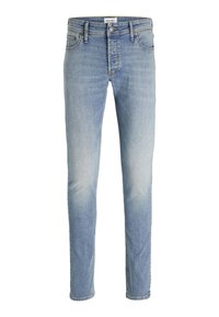 Light blue denim jeans with a slim fit, featuring five pockets, a button closure, and subtle fading around the thighs. Smooth texture.