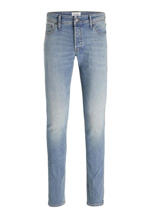 Light blue denim jeans with a slim fit, featuring five pockets, a button closure, and subtle fading around the thighs. Smooth texture.