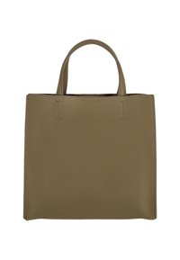 Olijfgroene leren boodschappentas met een getextureerd oppervlak, rechthoekige vorm, twee bovenhandvatten en geen zichtbare metalen onderdelen of accenten.